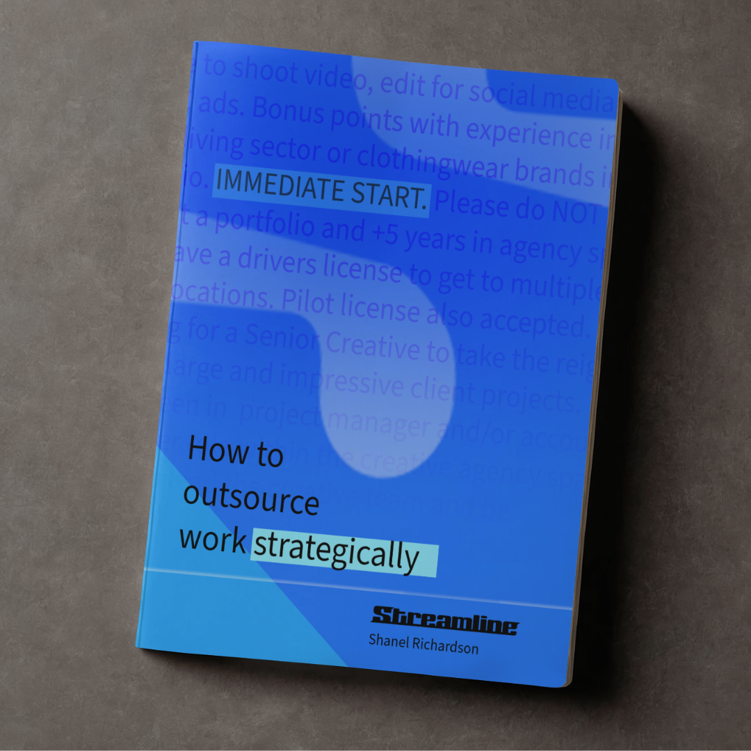A mockup of the free guide tilted: "Immediate Start. How to outsource work strategically" on a slate grey background
